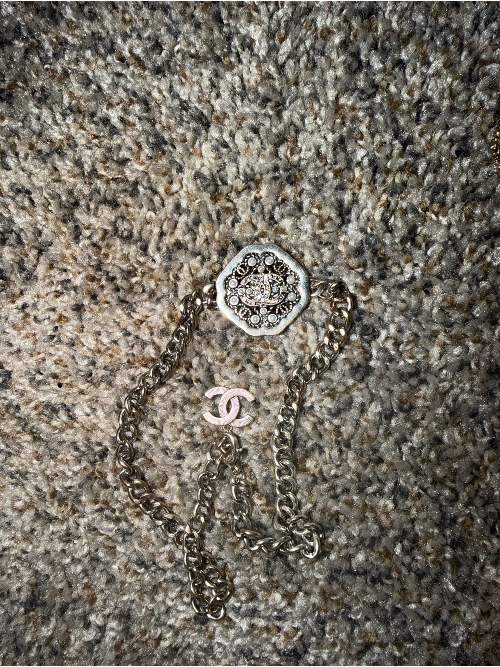Gold-Tone Pendant Chain Necklace with Pink Logo Accent